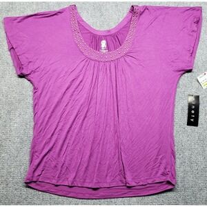 Ninety Blouse Womens L Purple Rhinestone Round Neck Short Sleeve Pullover New
